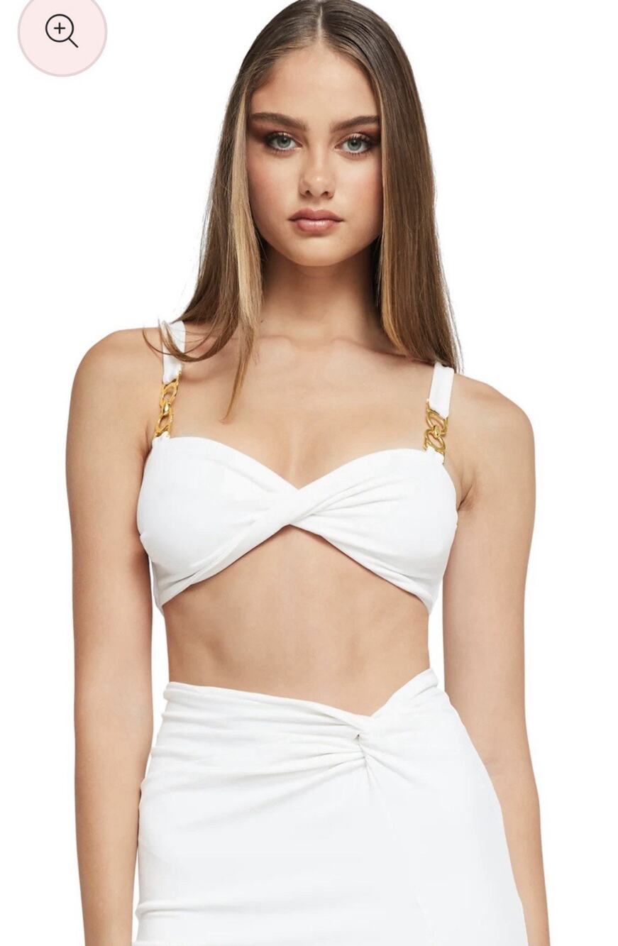 NWT Nookie FORTUNE Crop Top •M• White Twist Front Corset Bustier Gold Metal $160
